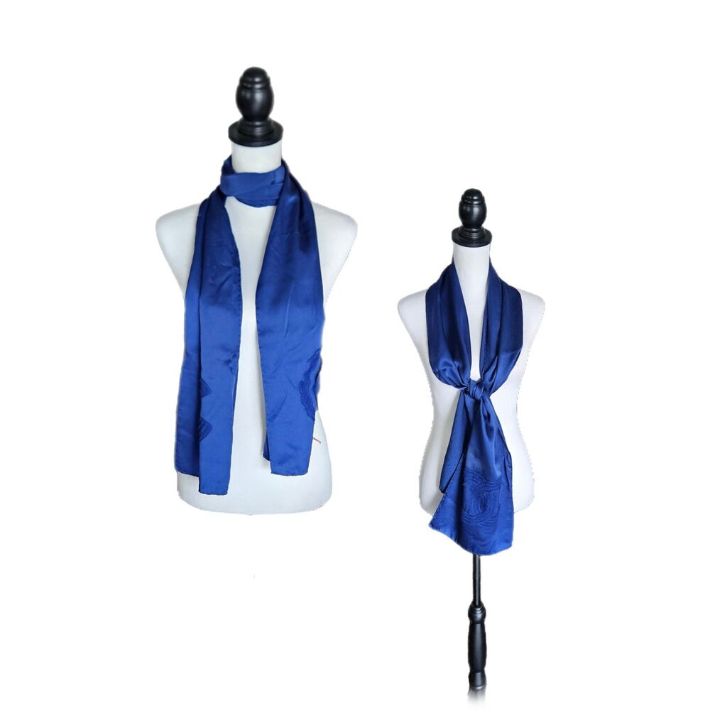 Chanel Royal Blue Silk Camellia & CC Logo Eyelash Lace Scarf w/ Box Italy Y2K